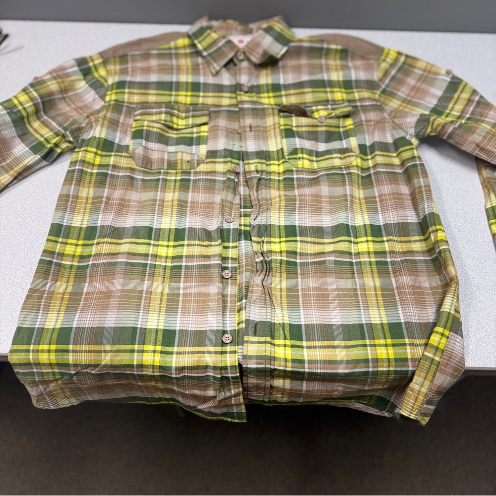 Evolution In Design Mens XL‎ Plaid Button Down Shirt Green Yellow Elbow Patches
